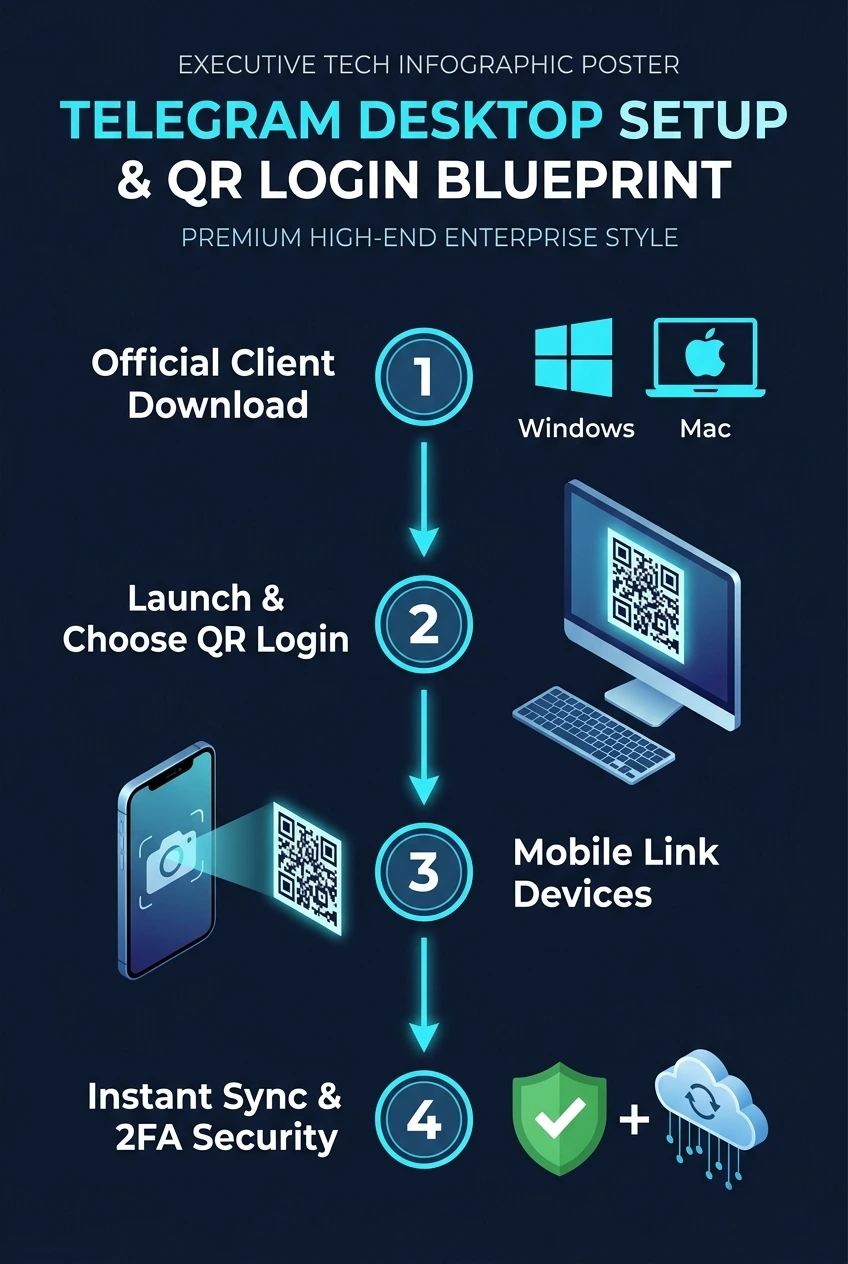 Telegram Desktop Setup & QR Login Infographic Flowchart