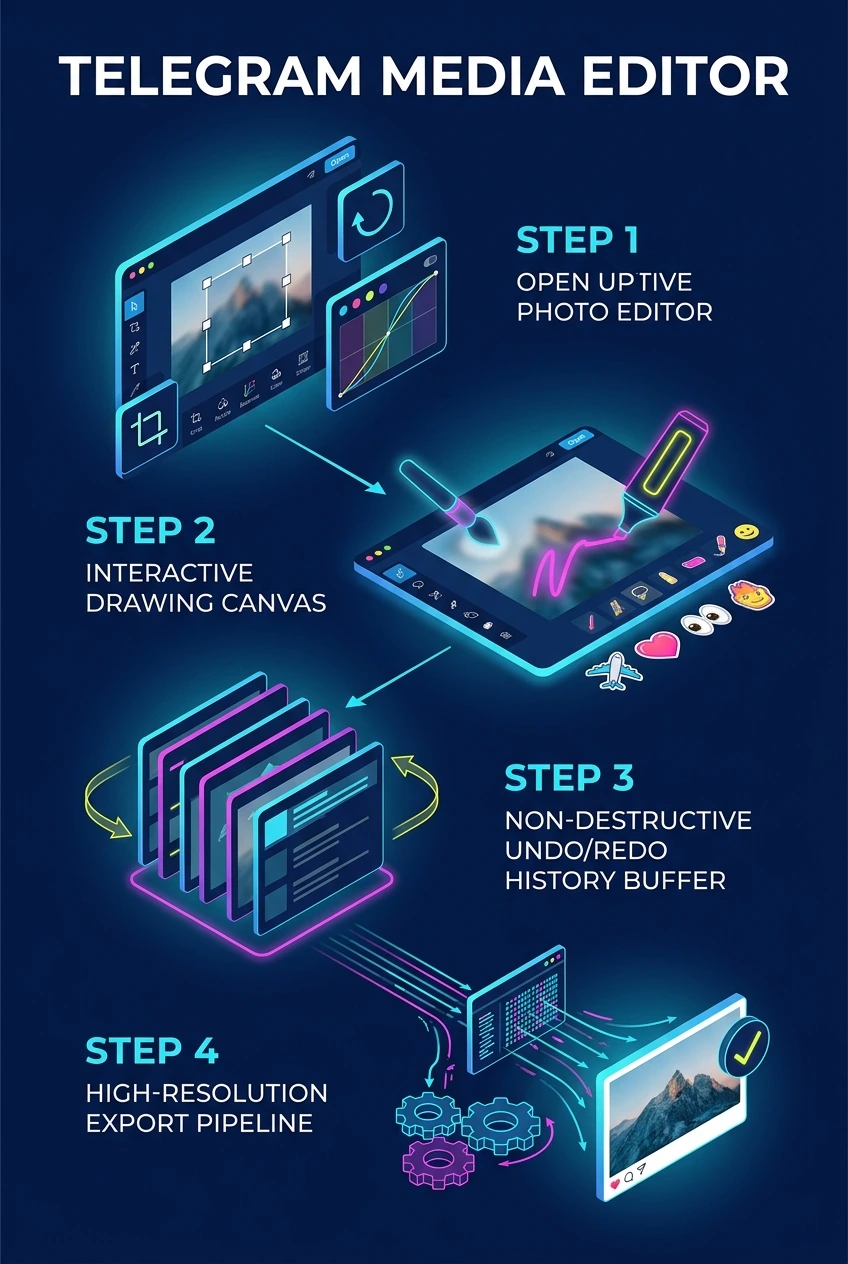 Infographic summarising the Telegram media editor's layers, undo and eraser behaviour