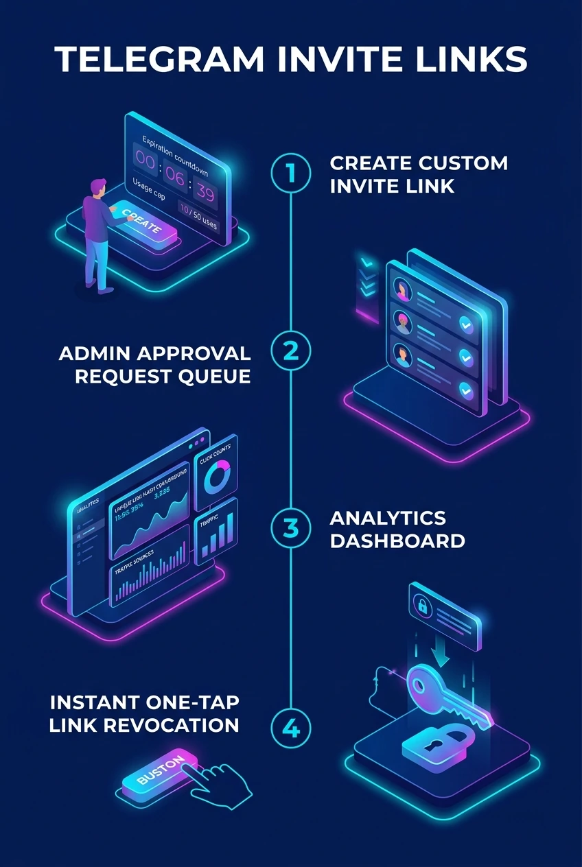 Infographic summarising Telegram invite link expiry, limits and approval