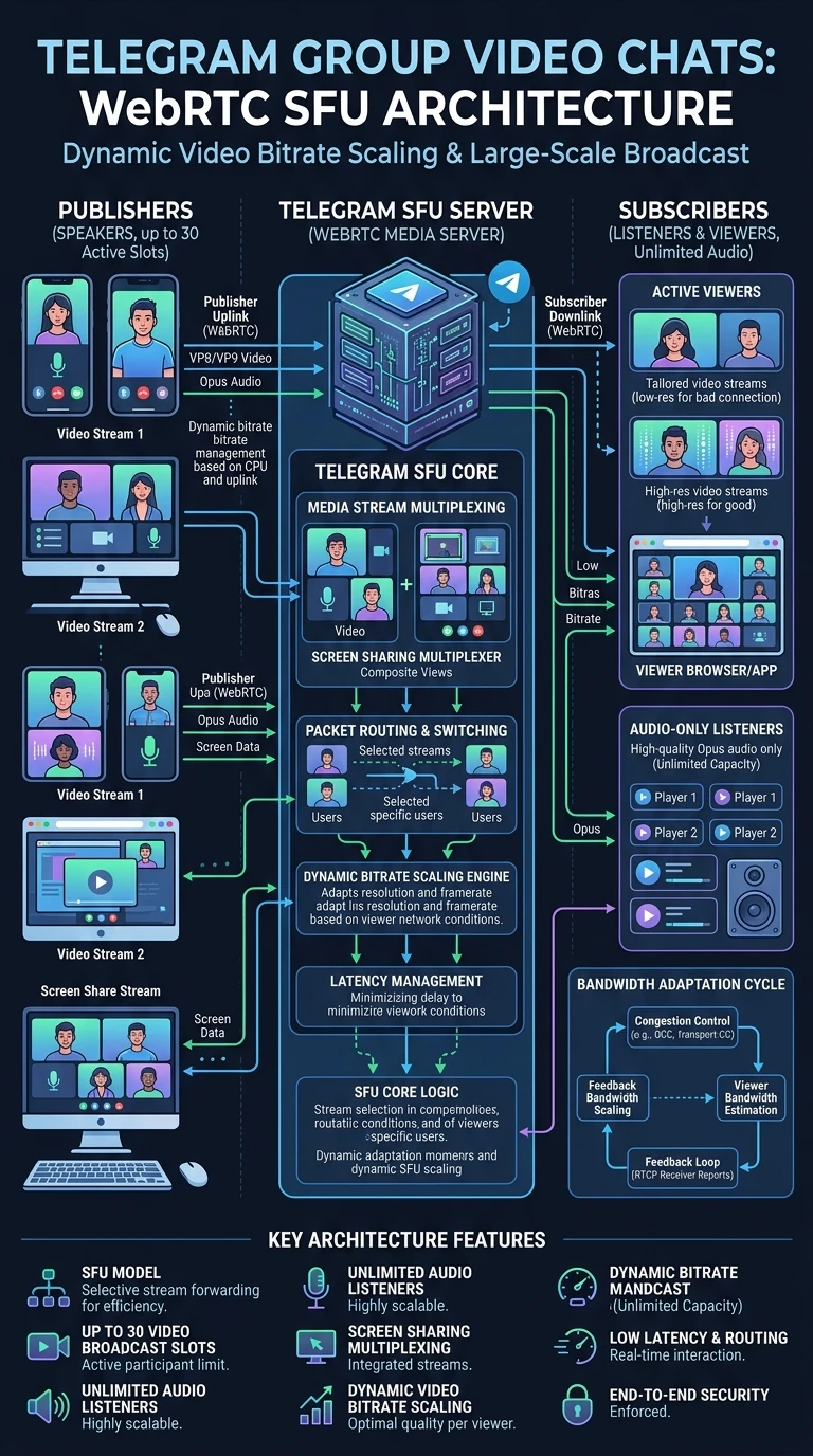 Infographic summarising Telegram group video chats and screen sharing