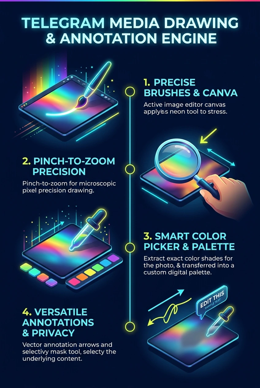 Infographic summarising the Telegram media editor drawing tools and annotation
