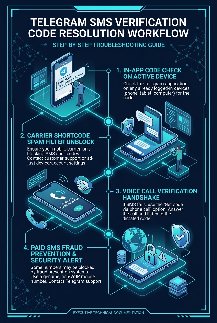 Telegram SMS Verification Code Resolution Workflow Infographic