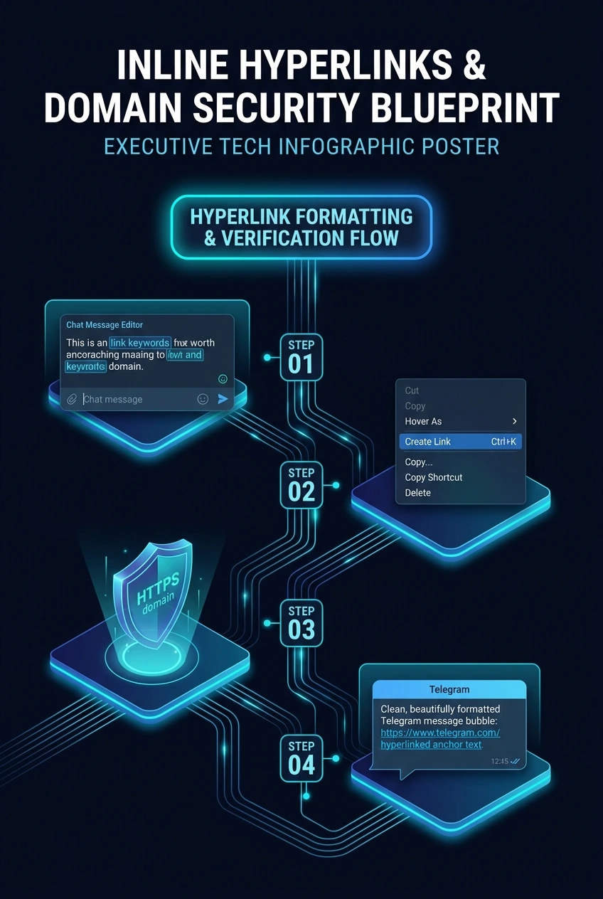 Infographic summarising adding links to text in Telegram and checking them