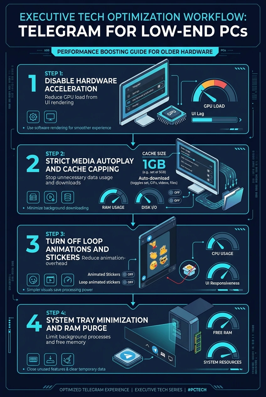 Telegram Low-End PC Optimization Workflow Infographic