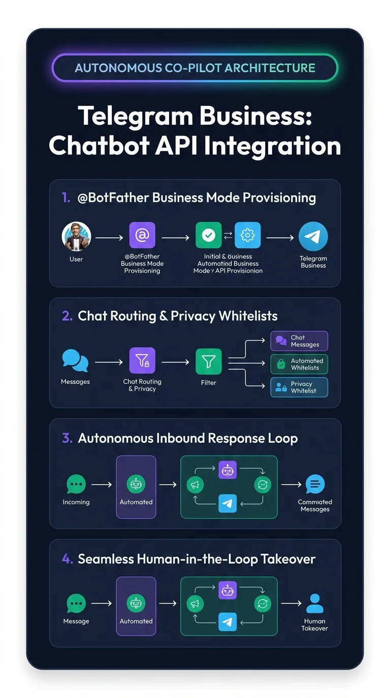 Infographic summarising connecting chatbots to Telegram Business