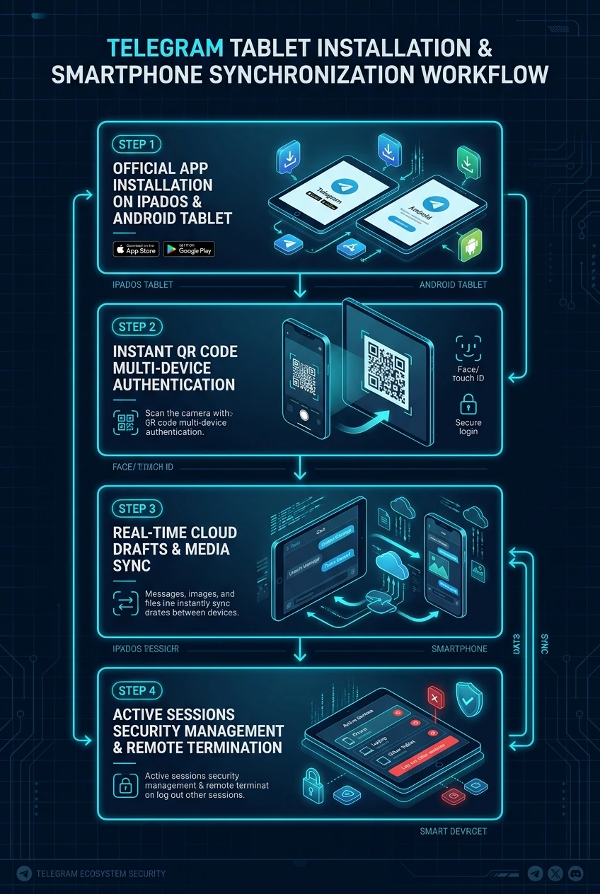 Telegram Tablet Installation and Smartphone Synchronization Workflow Infographic