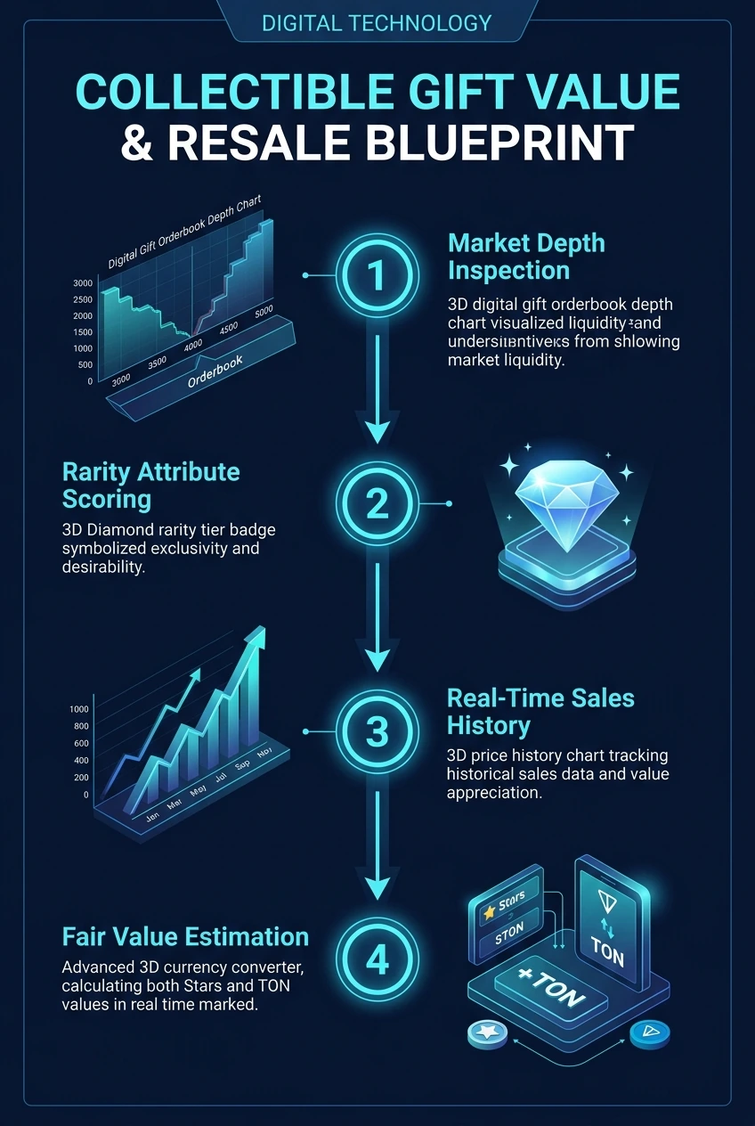 Infographic summarising how to check collectible gift value in Telegram