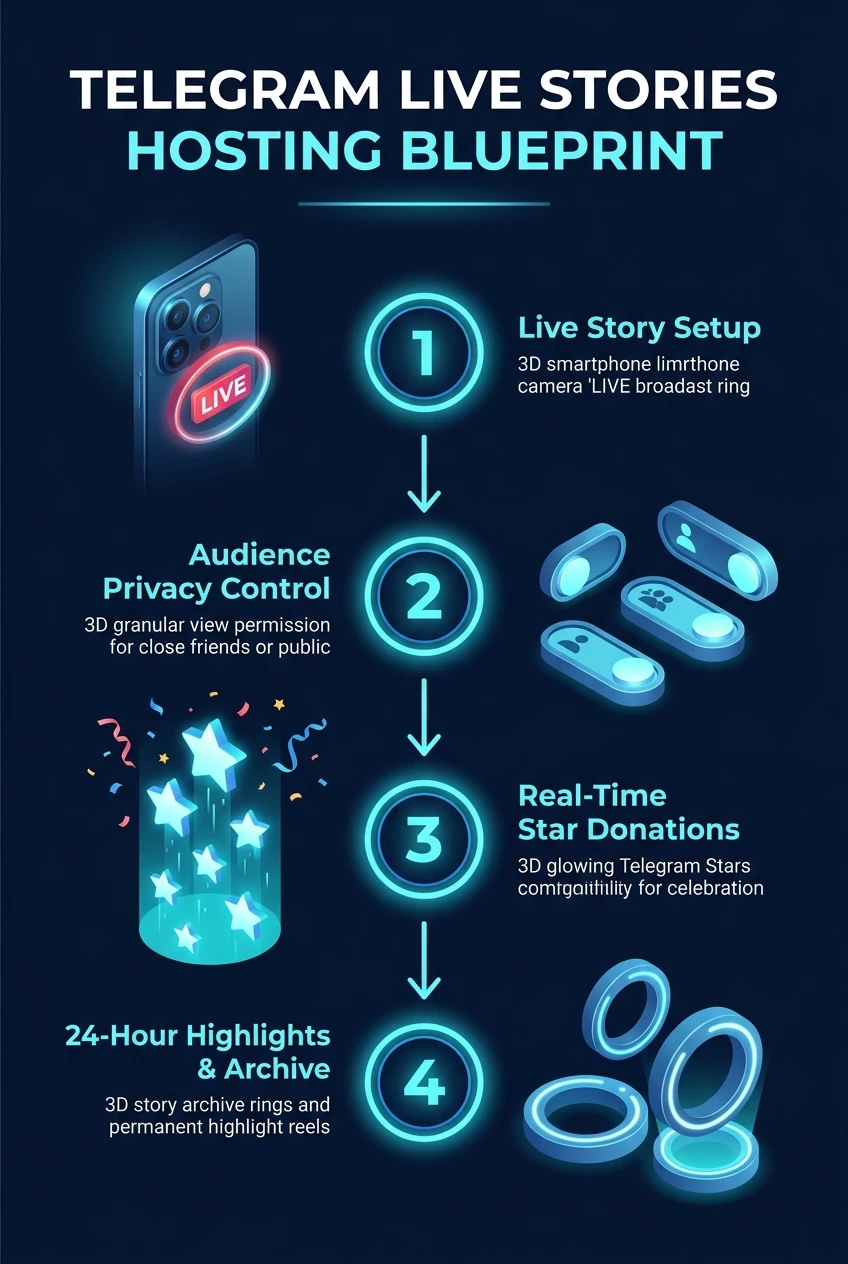 Infographic summarising how to host live stories in Telegram
