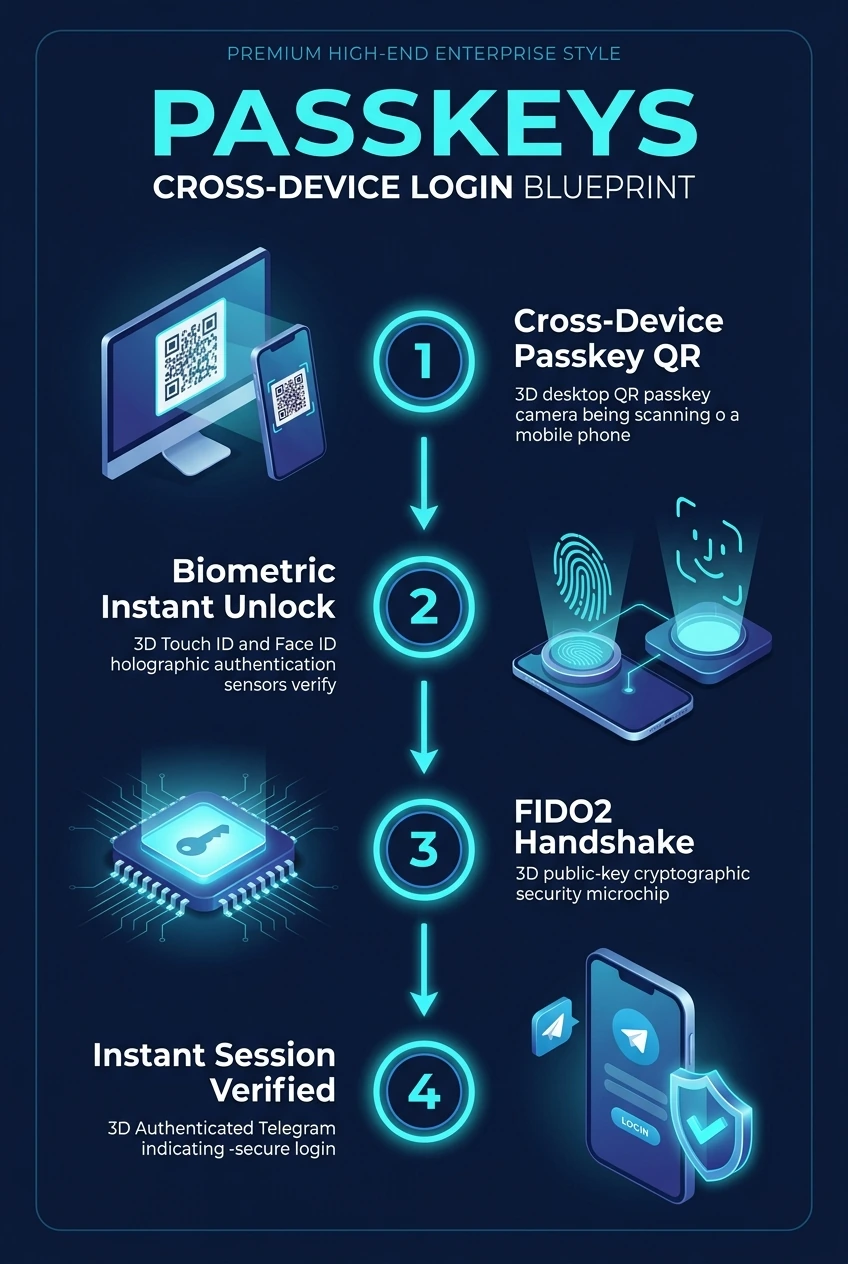Infographic summarising how to log in with passkeys in Telegram