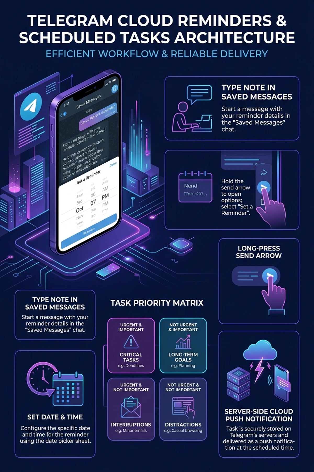 Infographic summarising scheduled reminders in Telegram saved messages