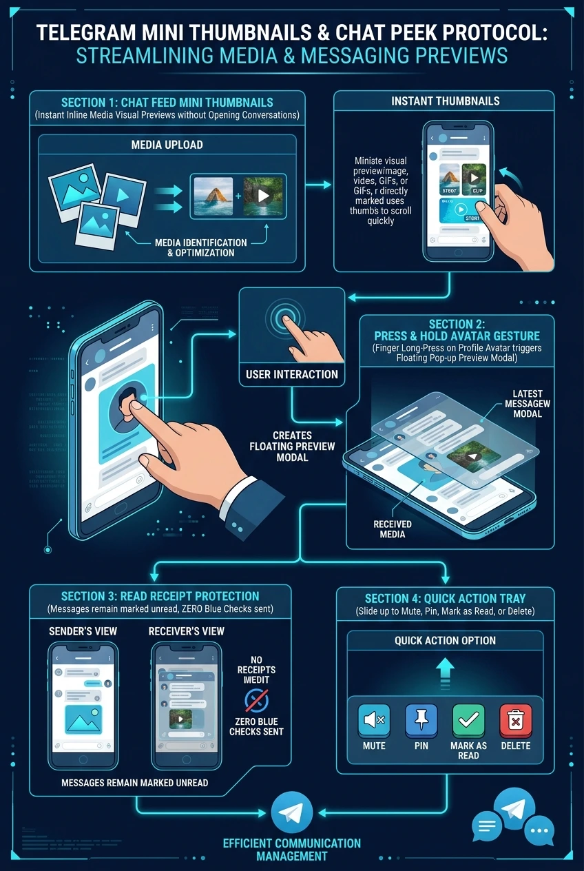 Infographic summarising Telegram's chat list thumbnails, press-and-hold preview and read receipt behaviour