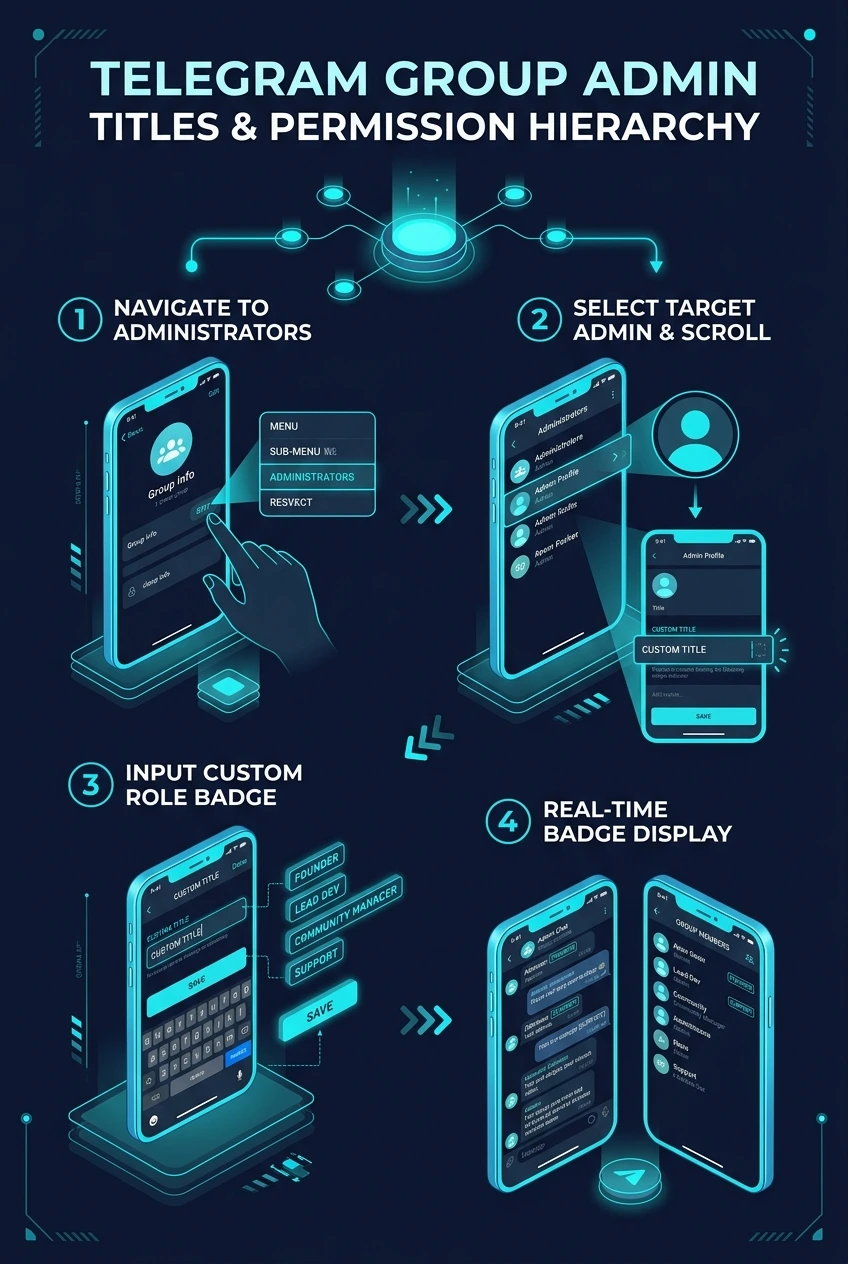 Infographic summarising Telegram custom admin titles, permission toggles and member list hierarchy