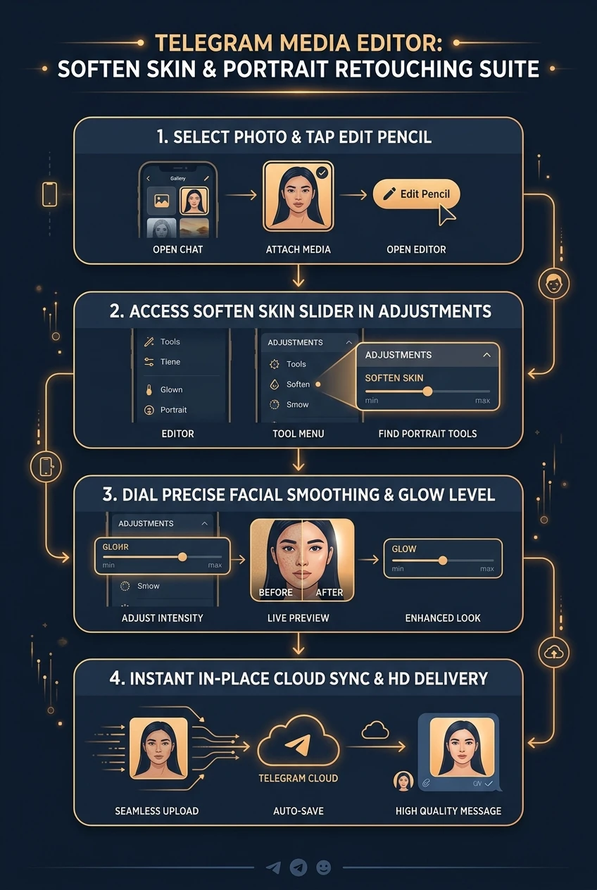 Infographic summarising Telegram's soften skin slider, edge preservation and portrait retouching workflow