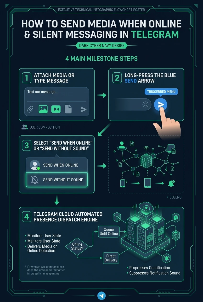 Infographic summarising Telegram's send when online, Send Without Sound and scheduled message options