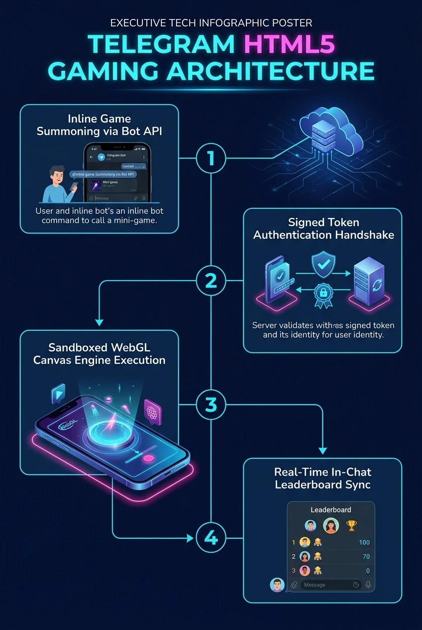 Infographic summarising Telegram's games platform, inline summoning, web view and chat leaderboards