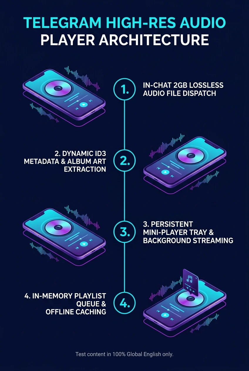 Infographic summarising Telegram's audio player, playlist queues and persistent playback bar