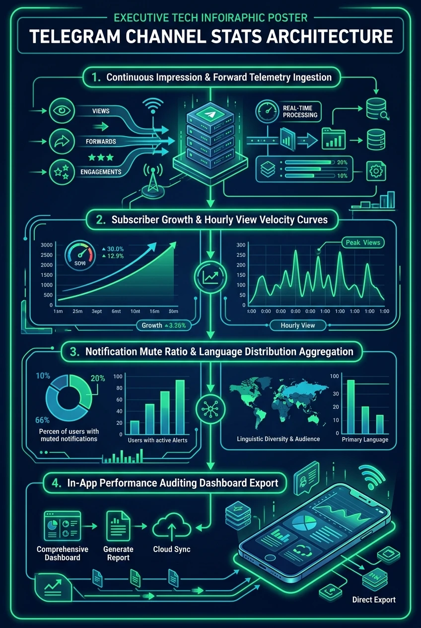Infographic summarising Telegram channel statistics, growth curves and post performance