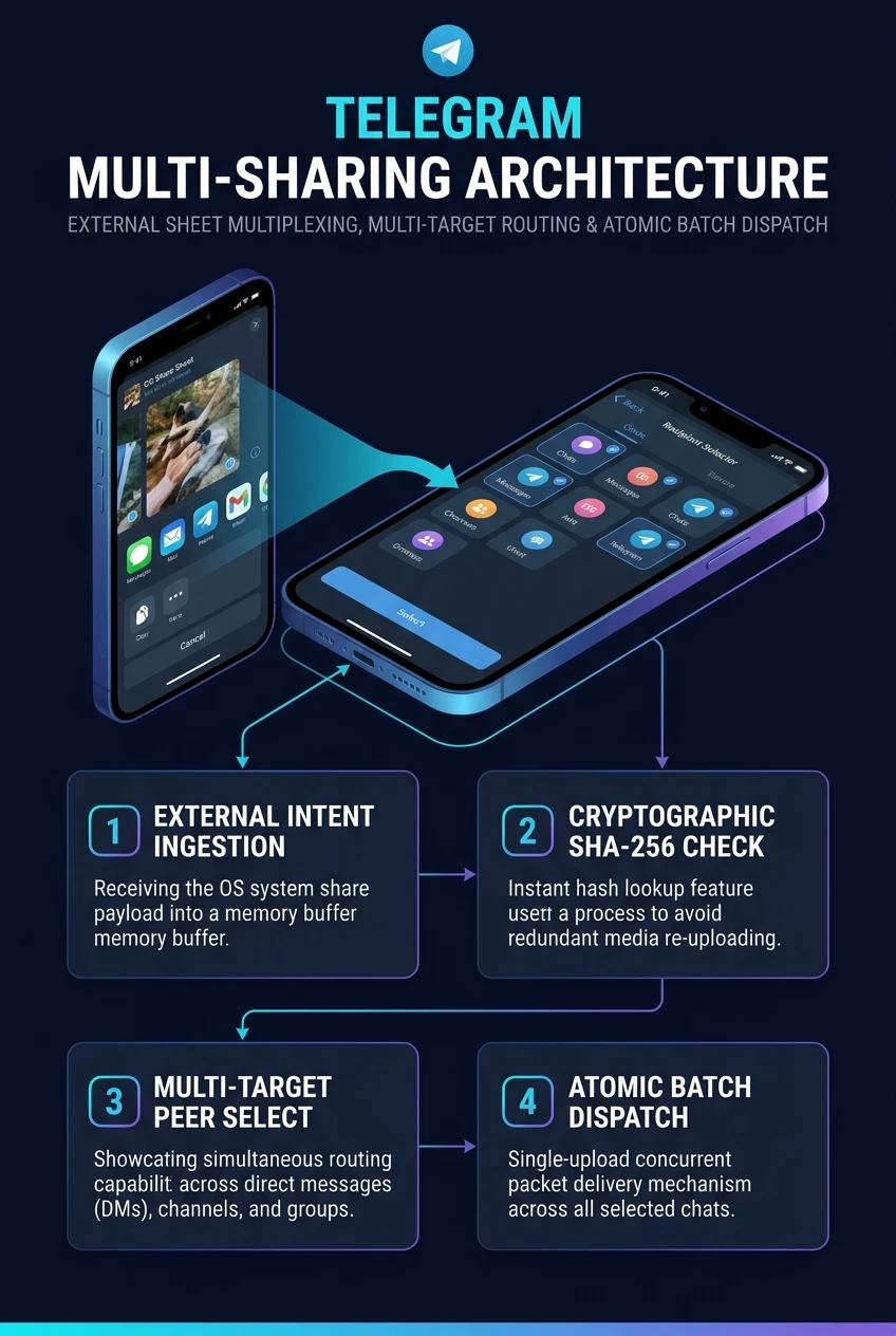 Infographic summarising Telegram's share sheet, multi-chat selection and single upload