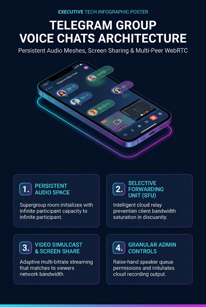Infographic summarising Telegram group voice chats, joining as a channel and screen sharing