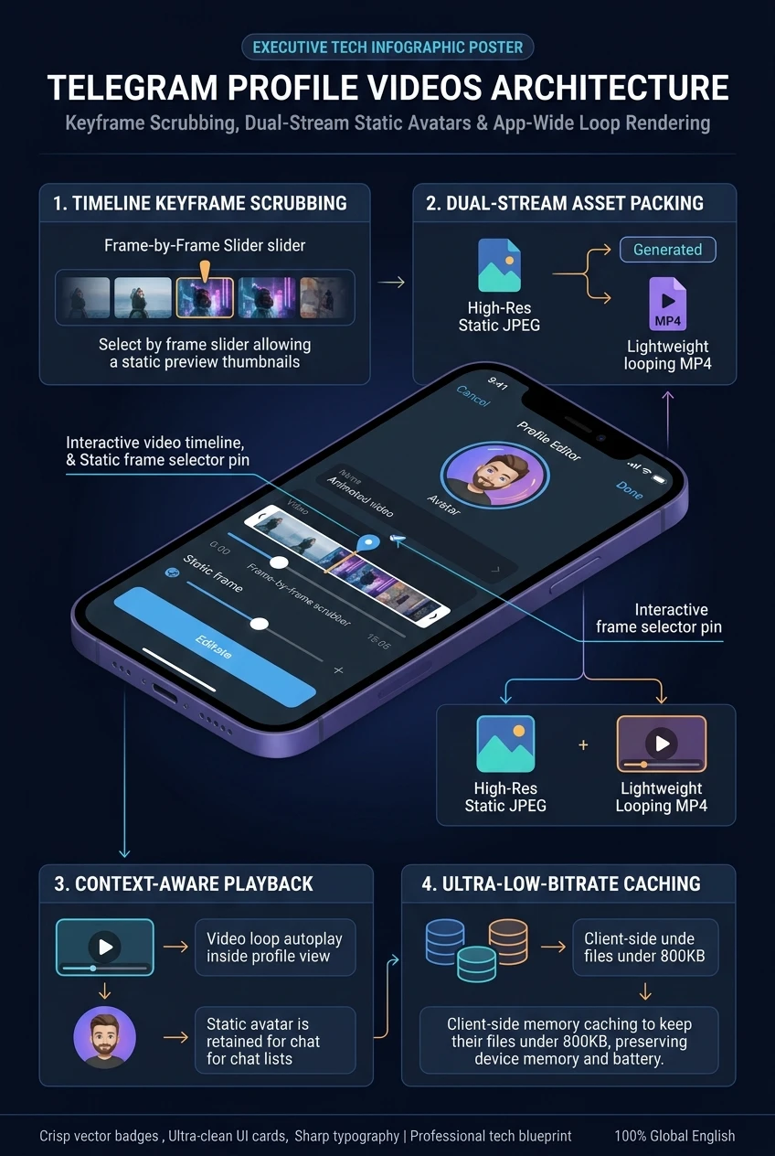 Infographic summarising Telegram profile videos, frame selection and avatar history