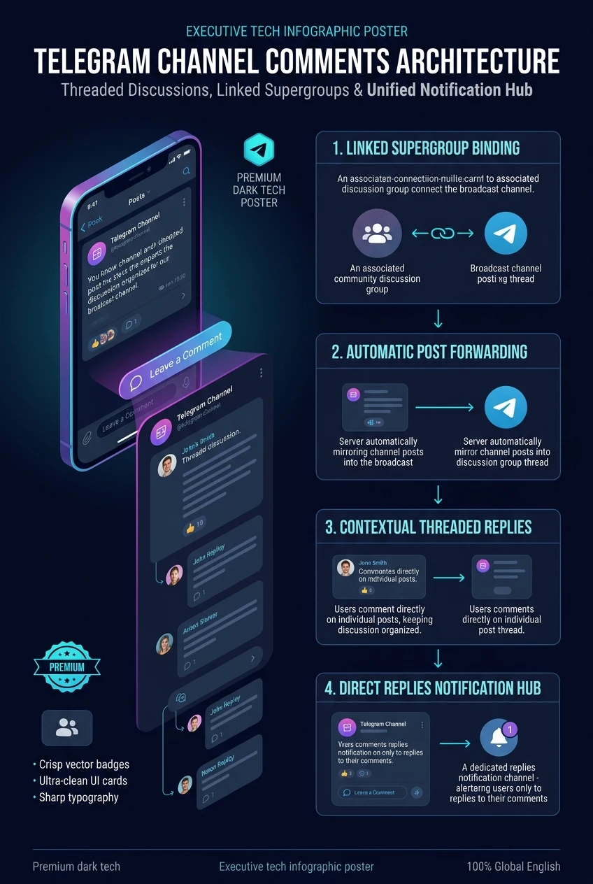Infographic summarising Telegram channel comments, linked discussion groups and reply routing