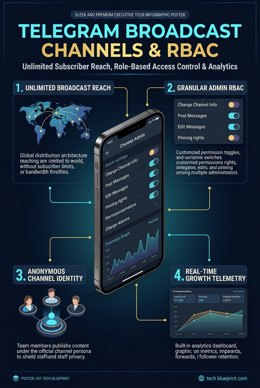 Infographic summarising Telegram broadcast channels, admin permissions and signatures