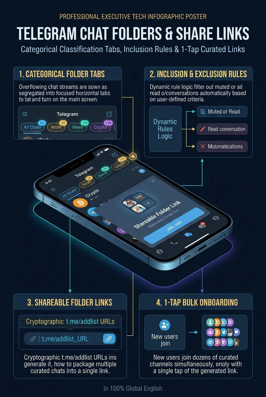 Infographic summarising Telegram chat folders, filter rules and shareable folder links