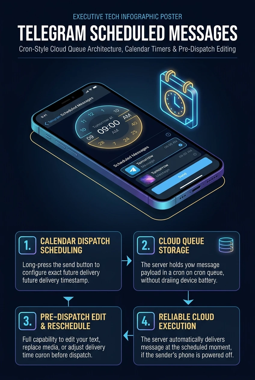 Infographic summarising Telegram scheduled messages, the queue and reminders