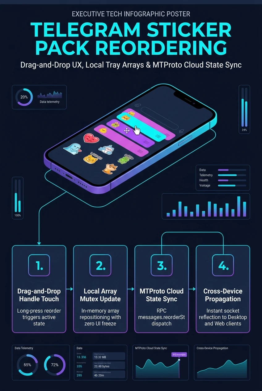Infographic summarising Telegram sticker pack reordering, archiving and favourites