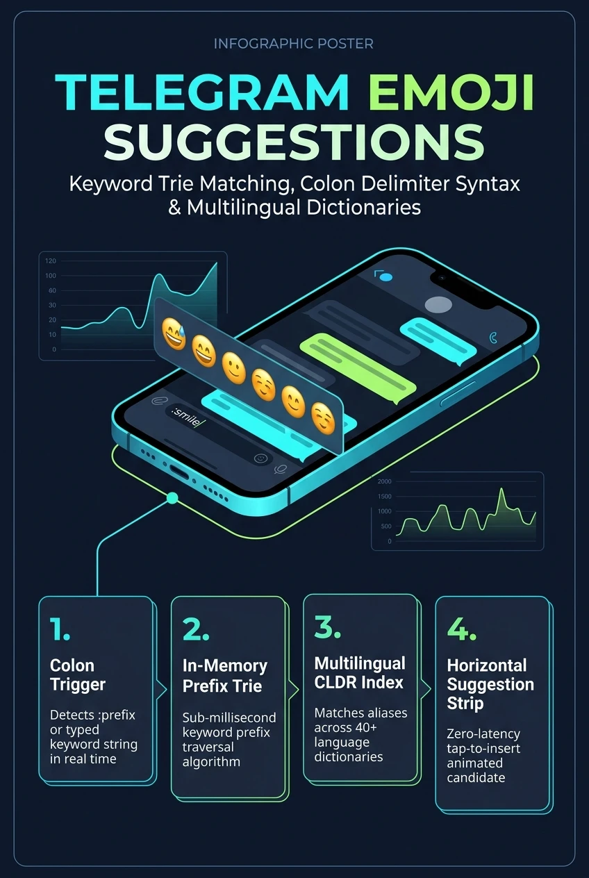 Infographic summarising Telegram emoji search and sticker suggestions
