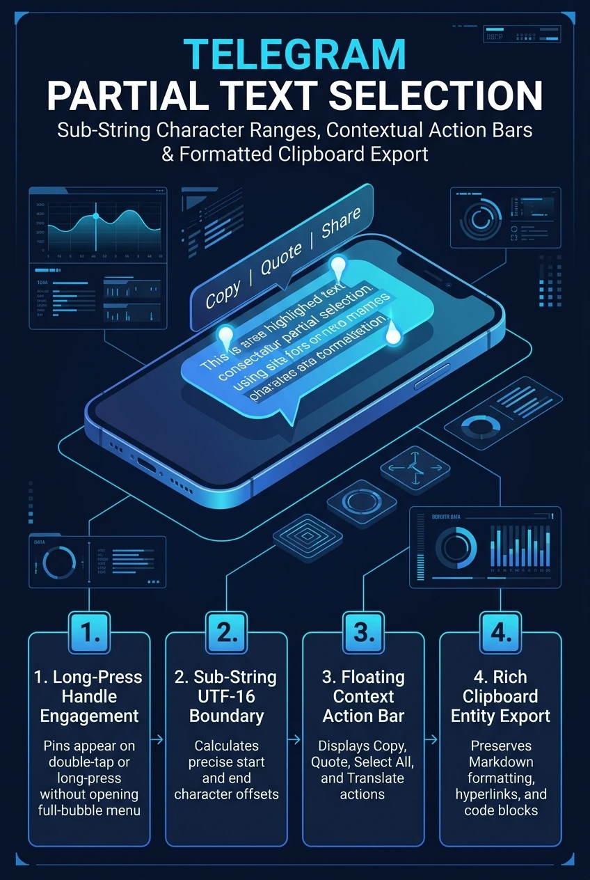 Infographic summarising Telegram text selection, copying and message links