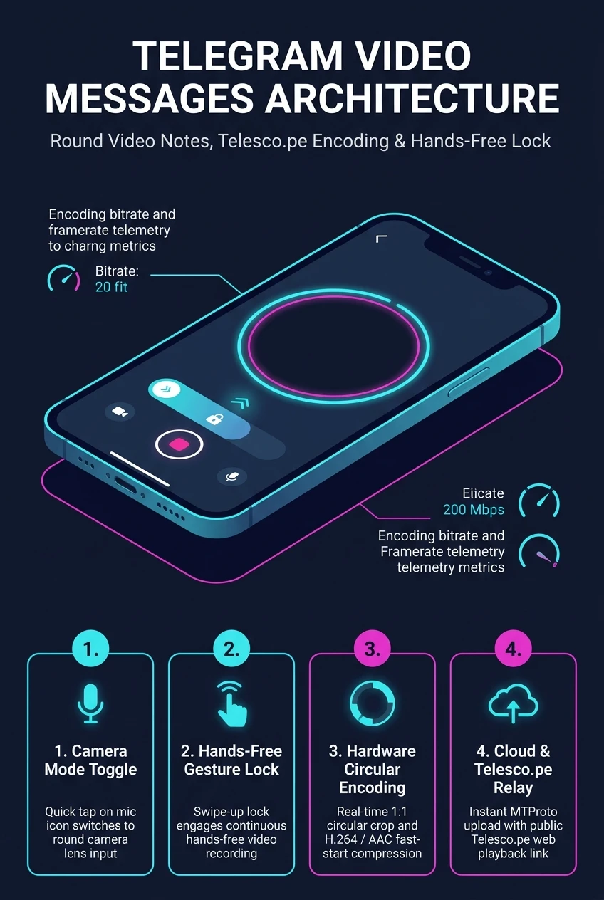 Infographic summarising Telegram round video messages, their contexts and playback controls
