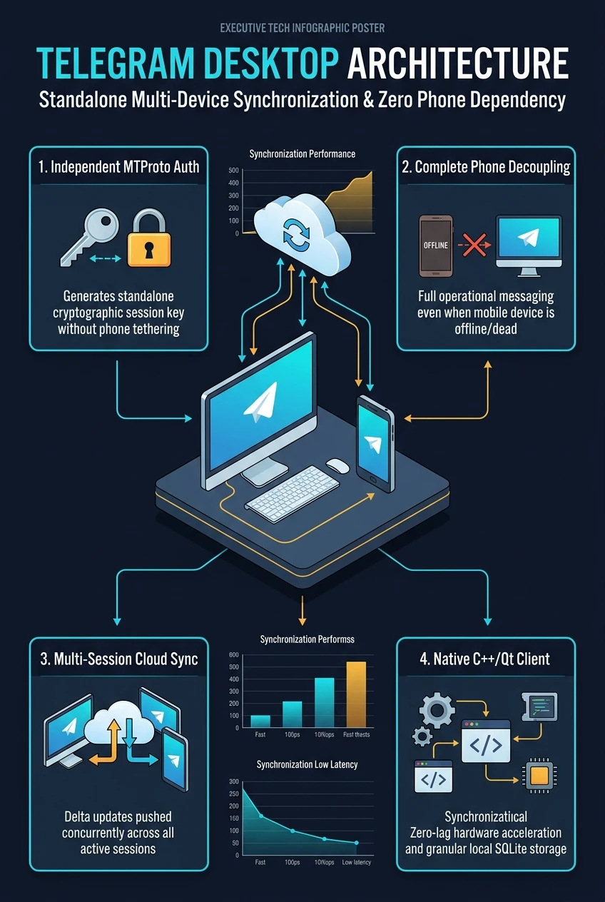 Infographic summarising Telegram Desktop's independent session, shortcuts and file handling