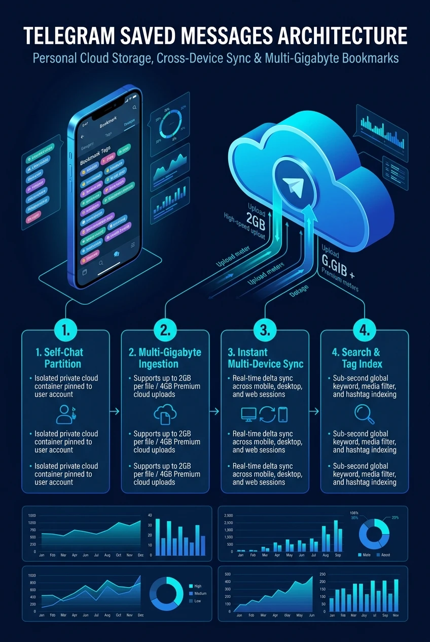 Infographic summarising Telegram Saved Messages as personal cloud storage