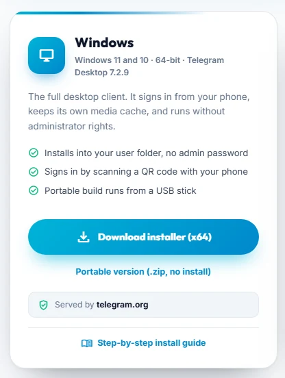 The Windows download card showing a Download installer button and, under it, a Portable version .zip no install link