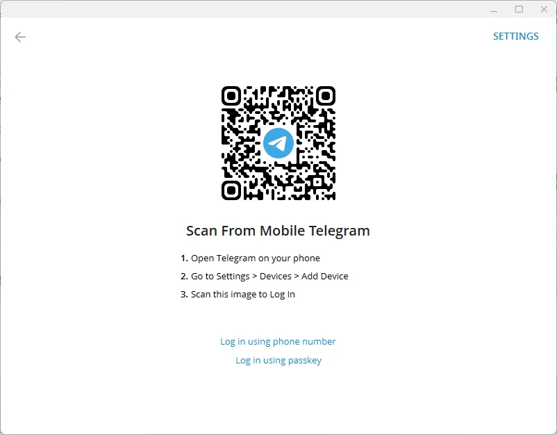 Telegram sign-in screen showing a QR code, three numbered steps, and links to log in using a phone number or a passkey