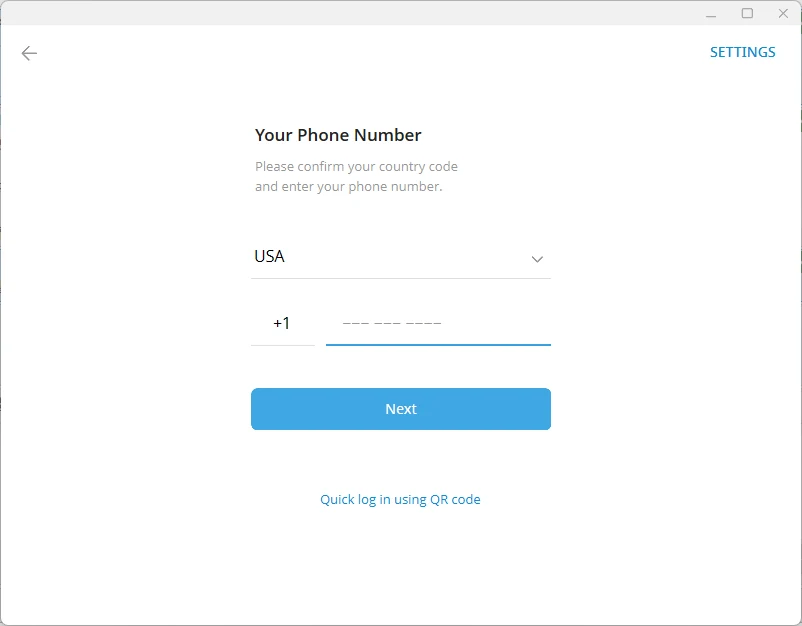 Telegram phone number form with the country selector reading USA and the dialling code plus one