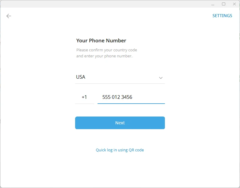 The phone number field filled in with an example number and a blue Next button below it