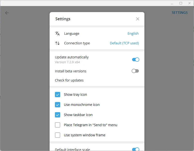 Telegram settings panel showing Language English, connection type, an Update automatically toggle switched on, and the version number