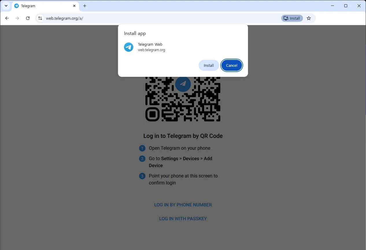 Chrome showing an Install app dialog for Telegram Web with Install and Cancel buttons