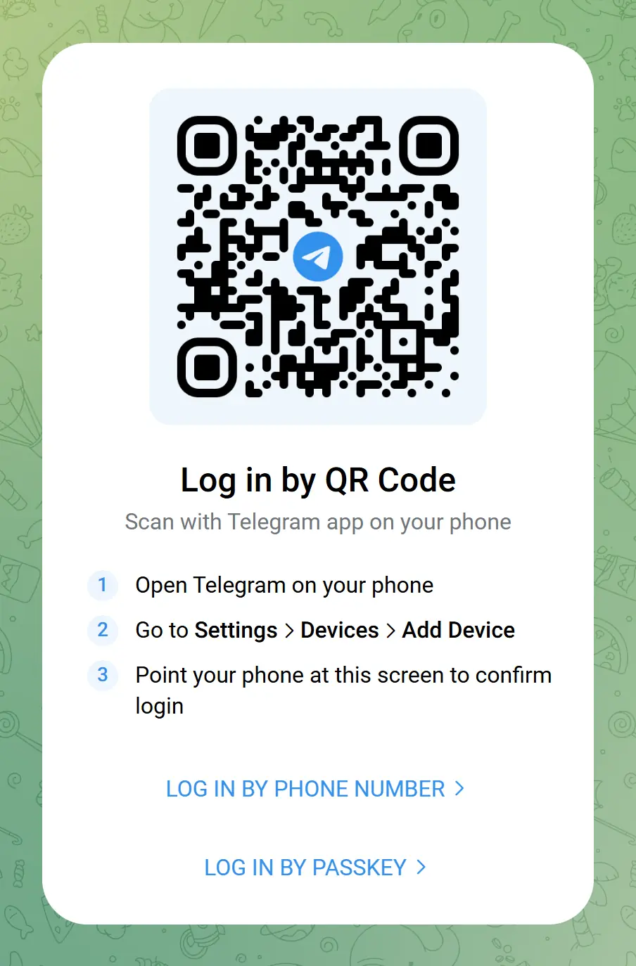 Telegram Web QR login card reading Log in by QR Code, with three numbered steps