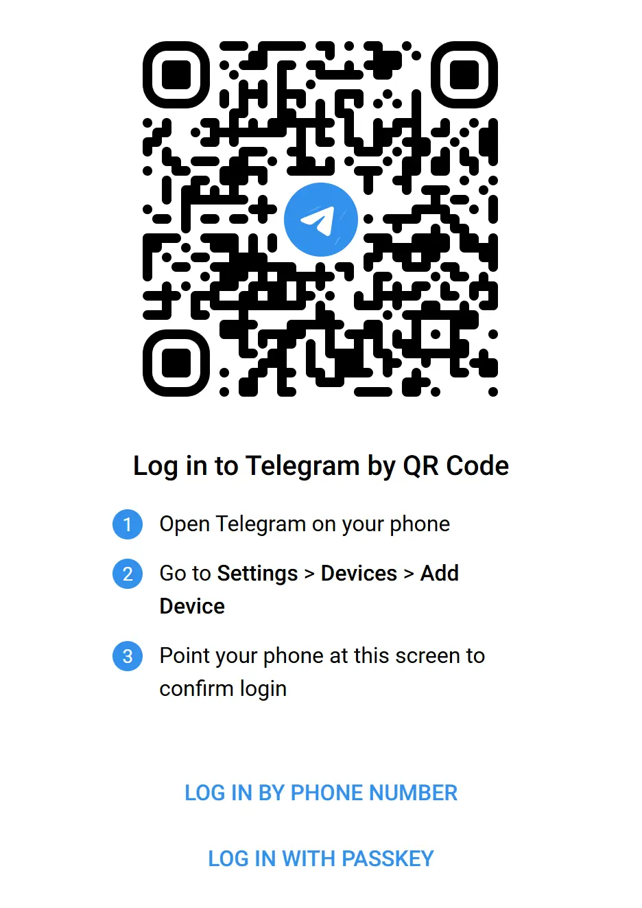 The second official Telegram Web client showing the same QR login instructions on a plain white page