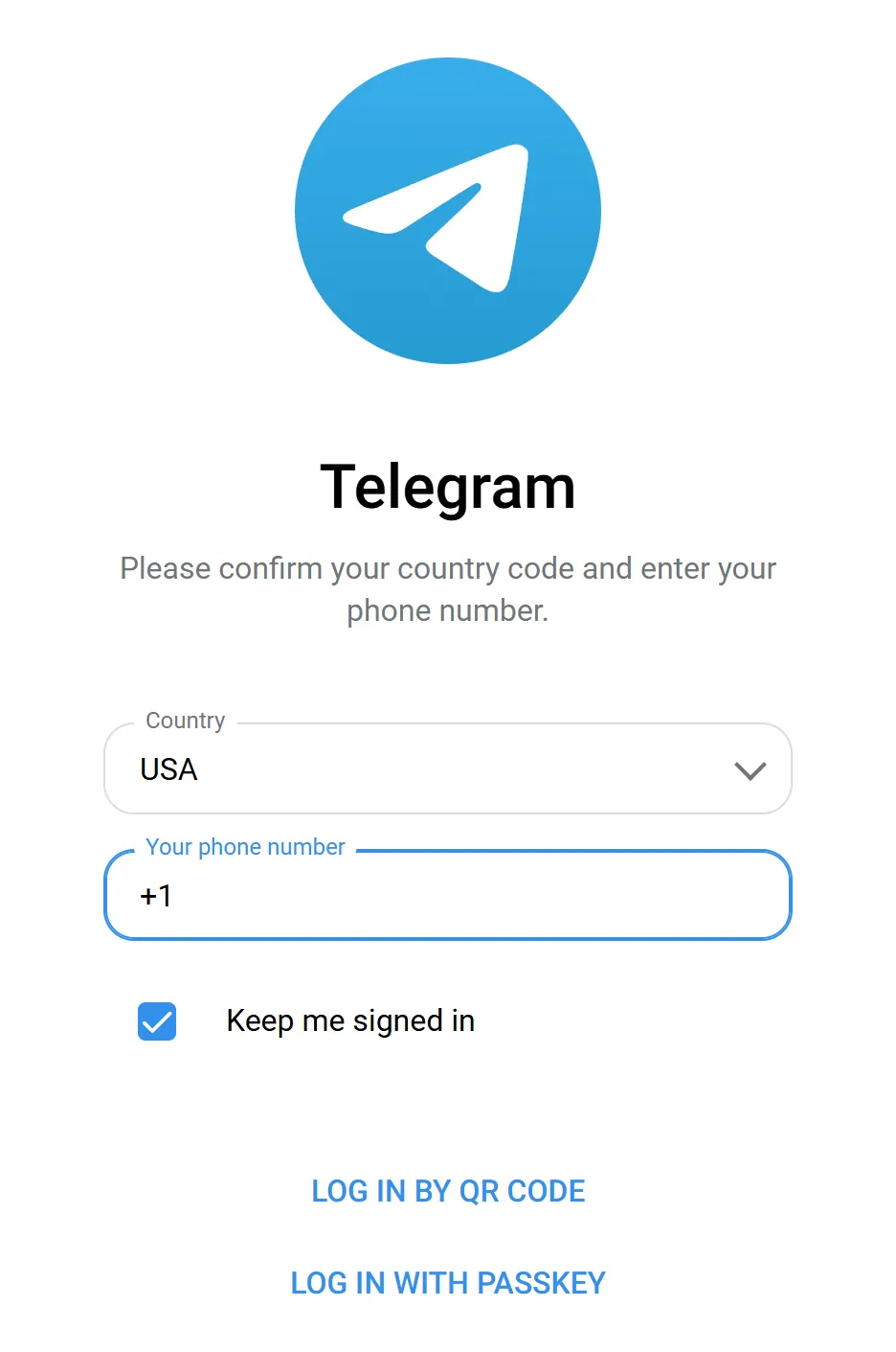 Telegram Web phone login form with a country field, a phone number field and a Keep me signed in checkbox
