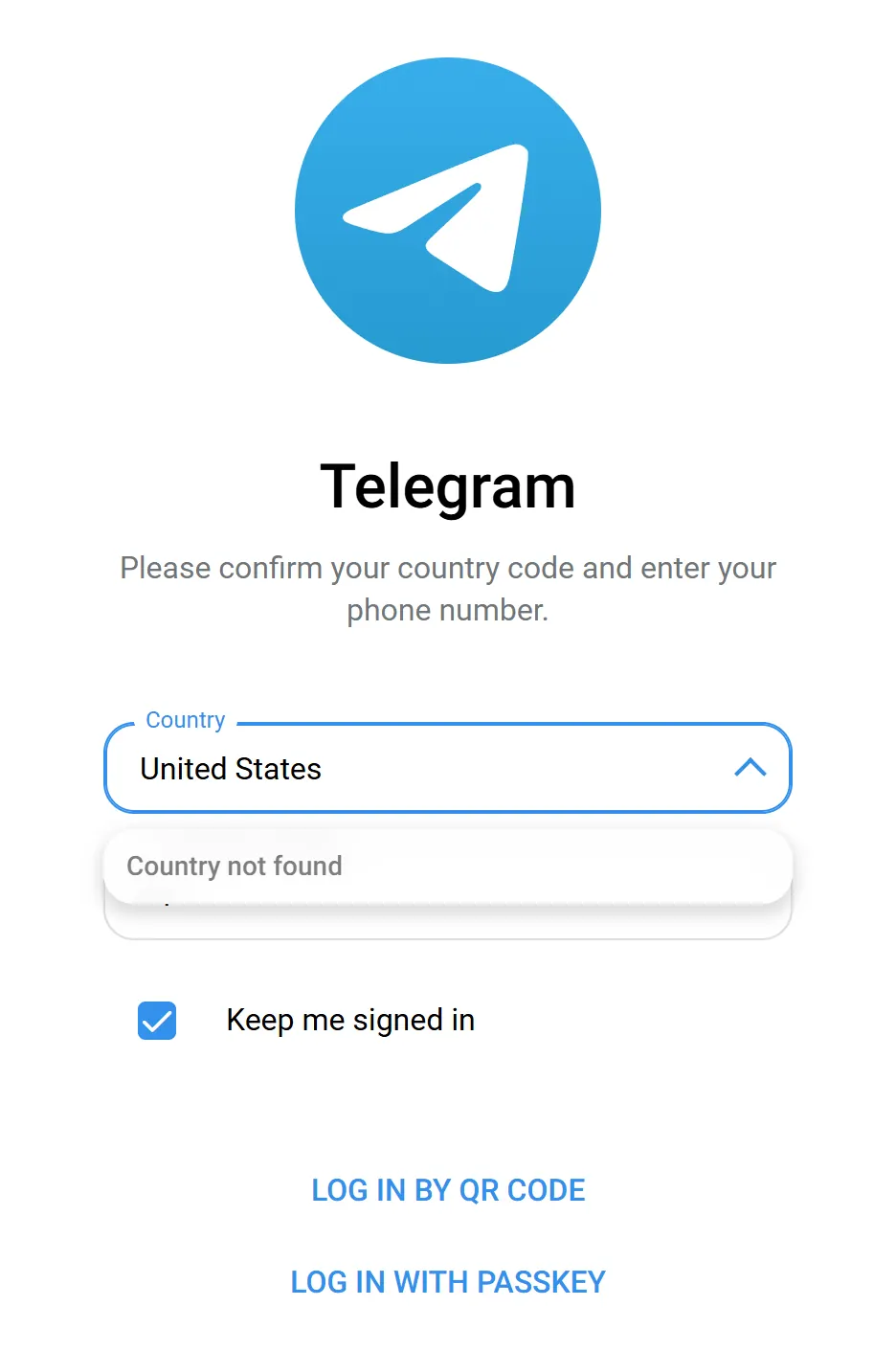 The Telegram Web country field showing United States typed and a Country not found message