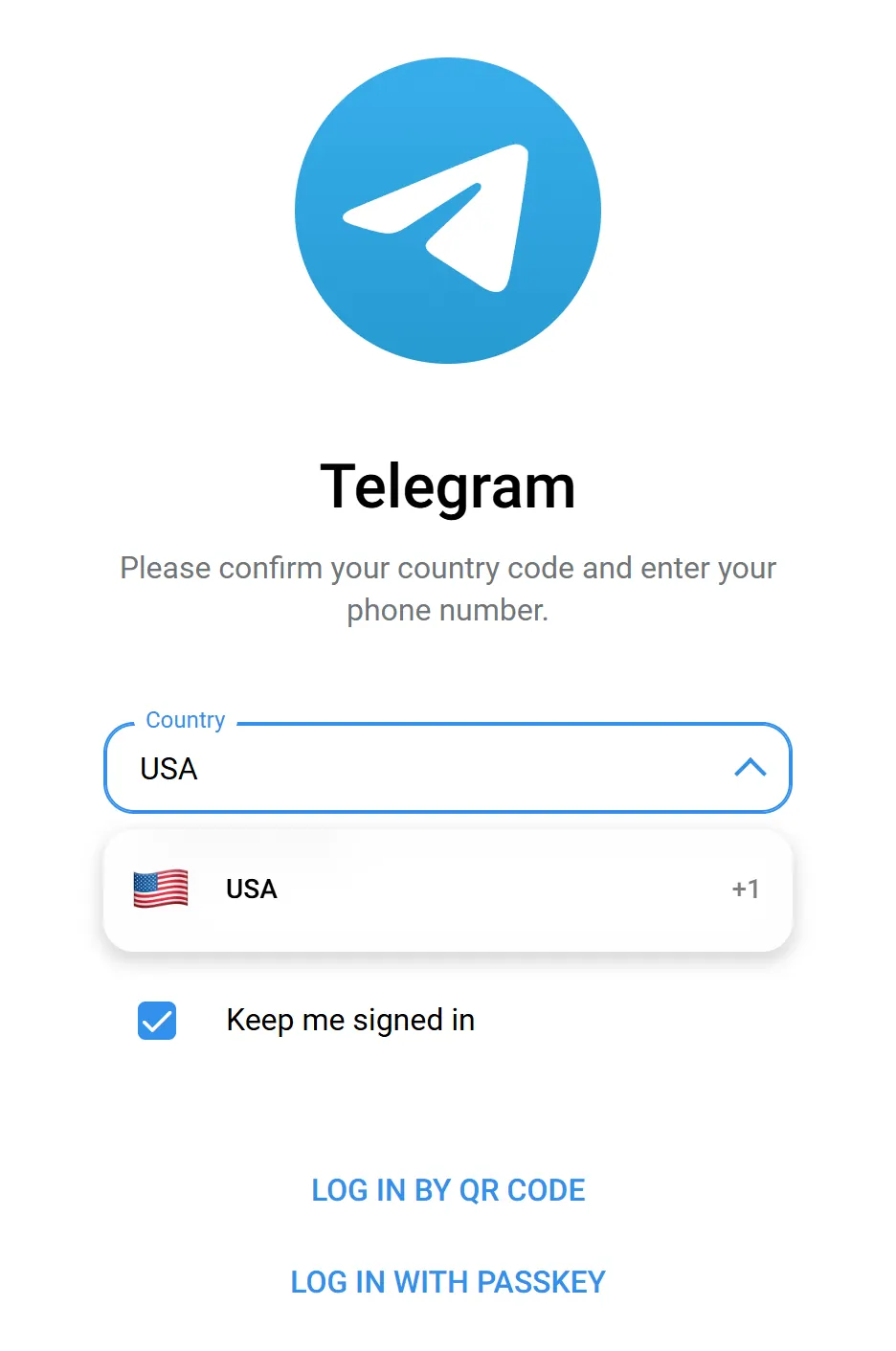 The Telegram Web country list showing a single result, USA, with the dialling code plus one