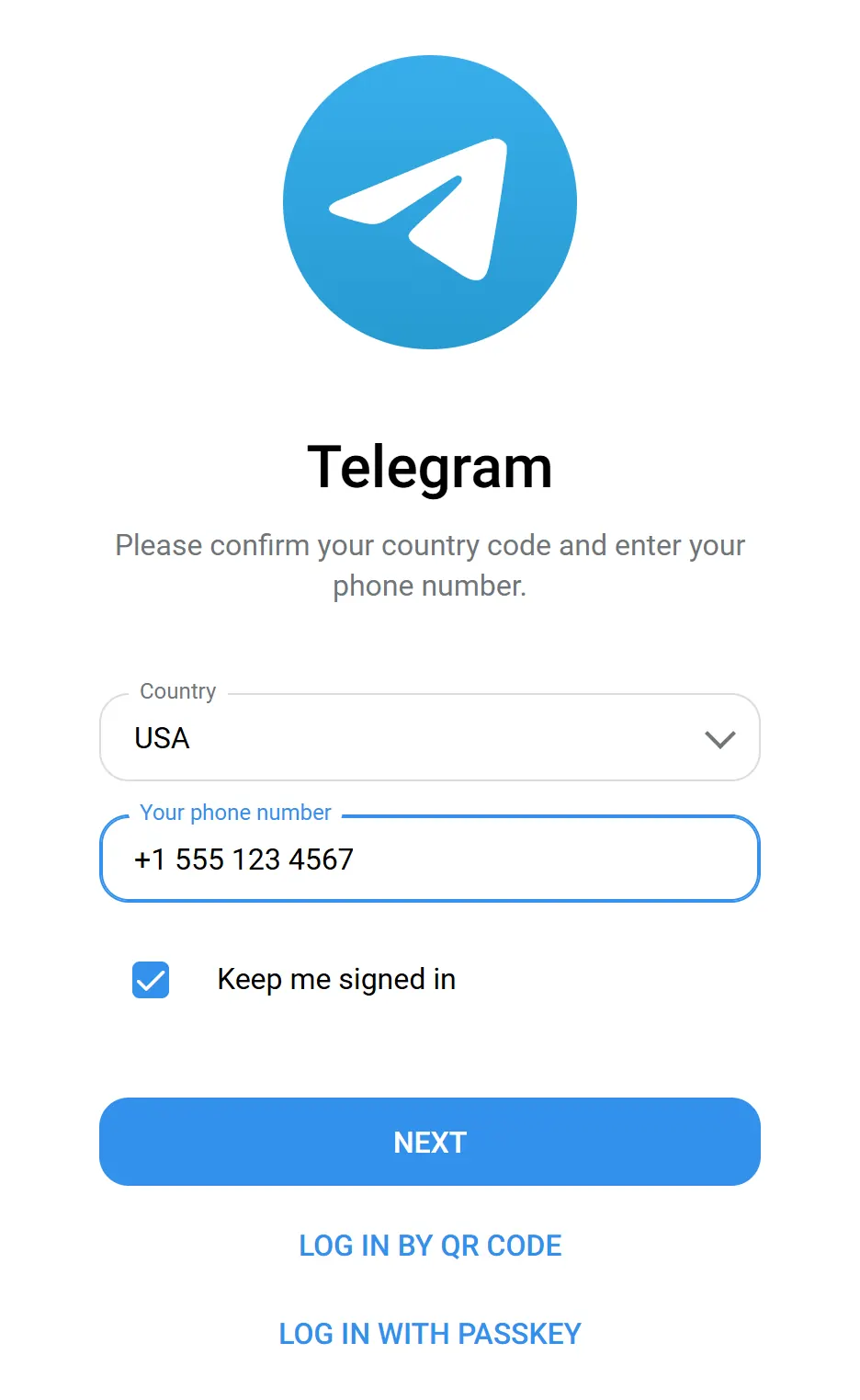 Telegram Web with a phone number typed in and a blue Next button below it
