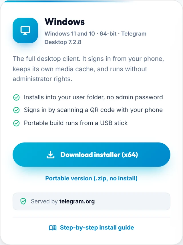 The Windows card on the TGWAY download centre, with the Download installer button