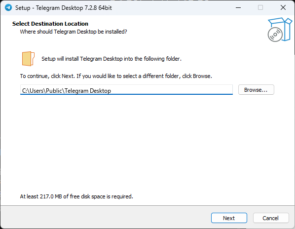 Telegram Desktop setup showing the Select Destination Location screen with a Next button