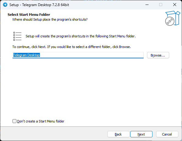 Telegram Desktop setup showing the Select Start Menu Folder screen