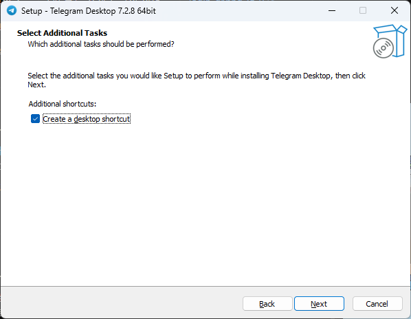 Telegram Desktop setup showing the Create a desktop shortcut checkbox
